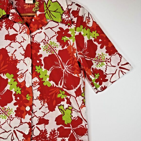 Vintage Lightning Bolt Hawaiian Shirt Women Small Red Hibiscus Floral Aloha Surf - Picture 3 of 13